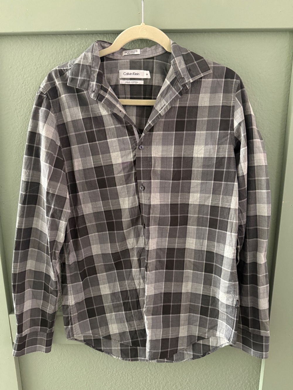 Calvin Klein 100% Cotton Men's Black and Gray Plaid Button-Down Shirt